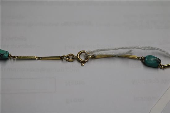 An Italian 18ct gold and turquoise set baton link chain, 78cm.